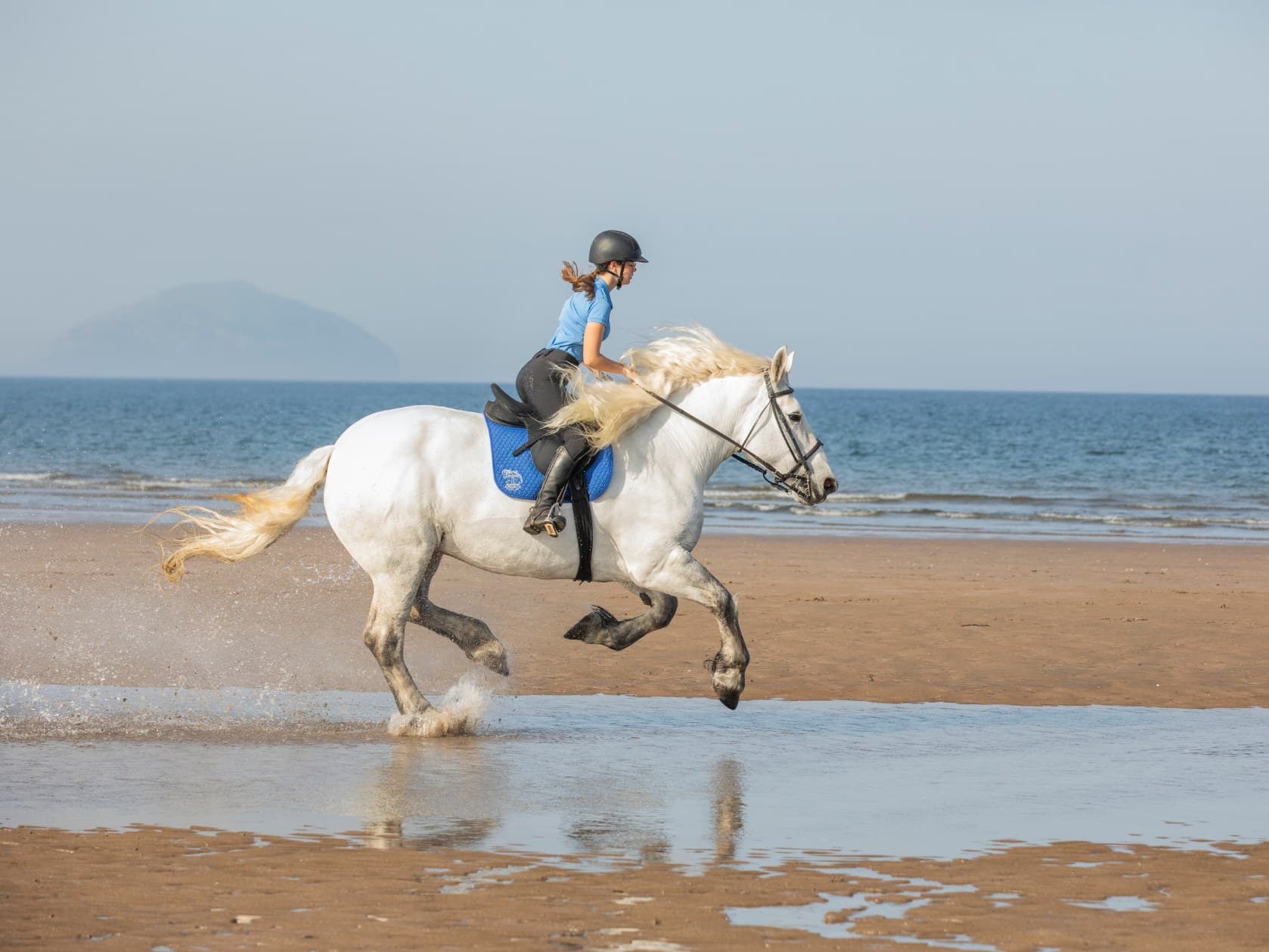 Horse riding on the beach at Turnberry, Ailsa Craig behind