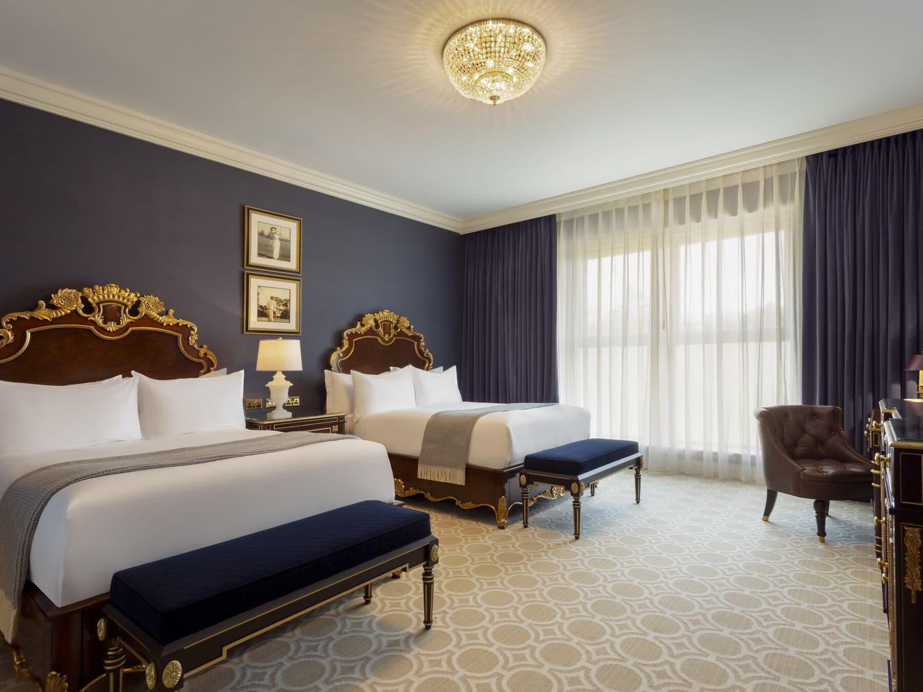Trump Turnberry — Twin Room, two full separate beds with carved gilt headboards