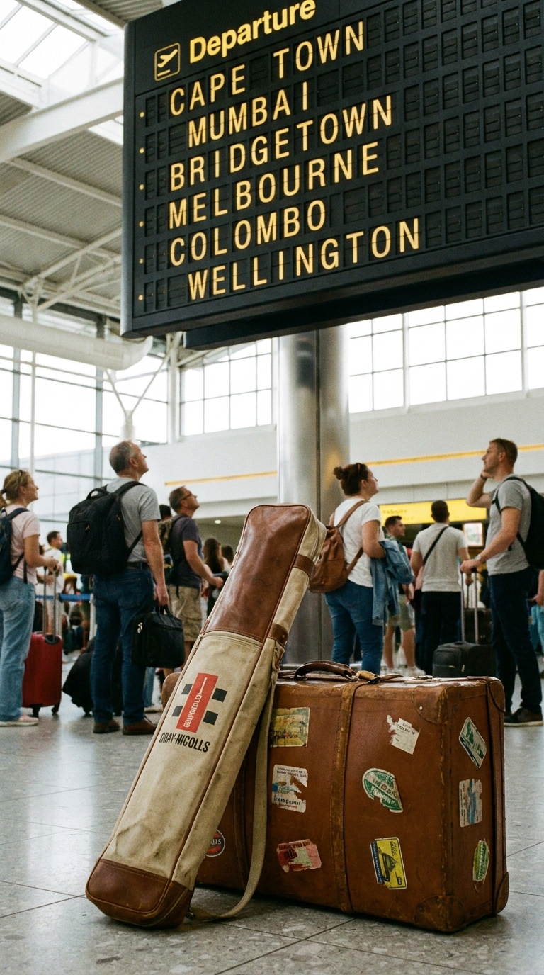 An airport departure board listing Cape Town, Mumbai, Bridgetown, Melbourne, Colombo and Wellington, with a cricket bat bag and travel cases below it.