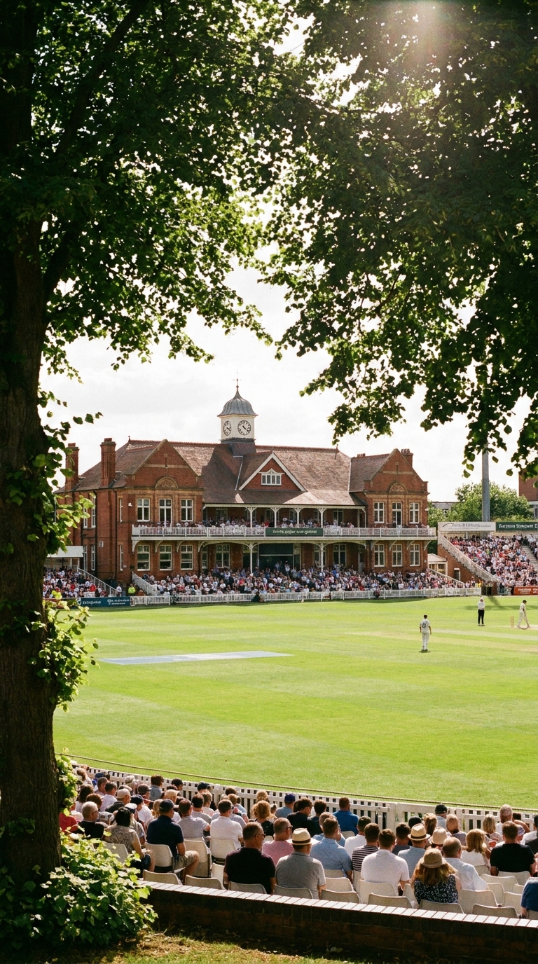 English county cricket ground viewed through the trees — clock-tower pavilion, packed stand, summer Test in progress