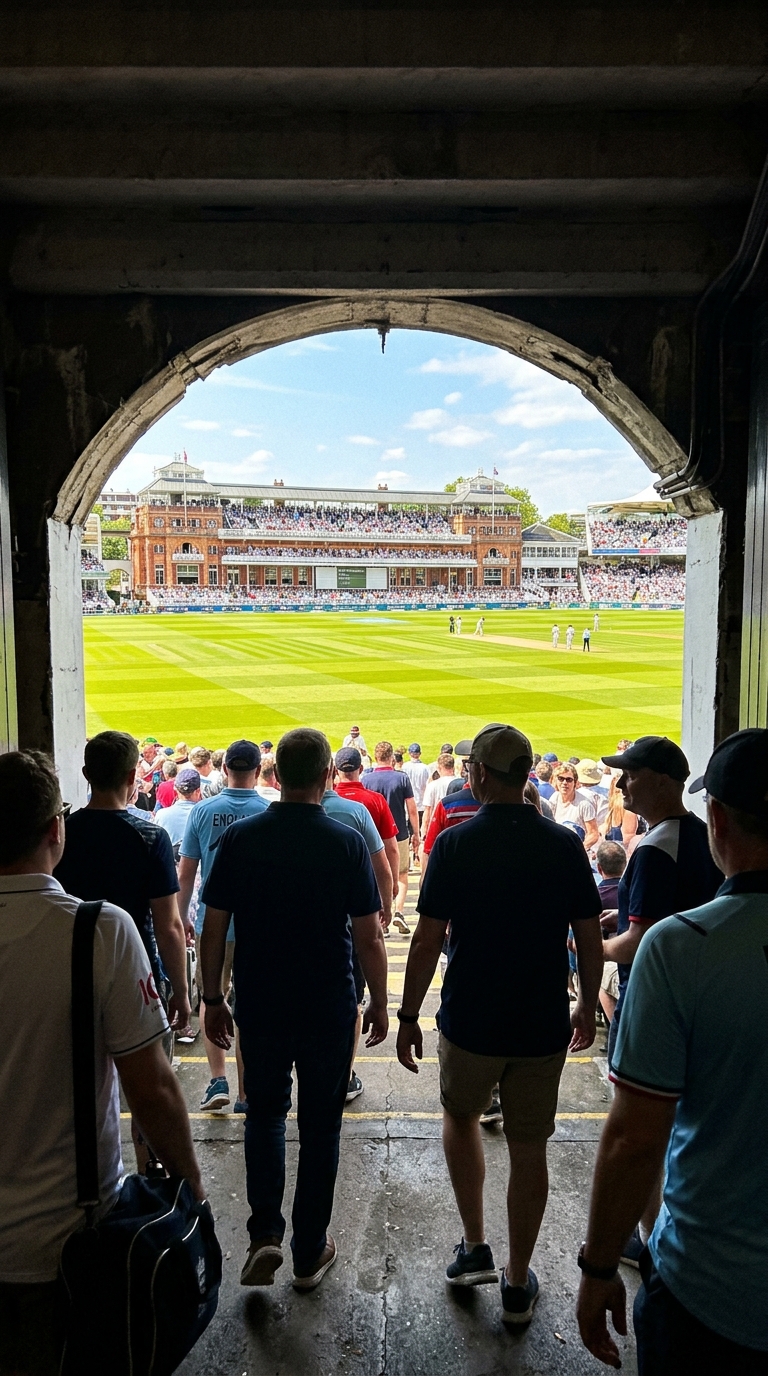 View of the Lord's pitch from inside the stand archway, with spectators in England colours walking down towards the ground