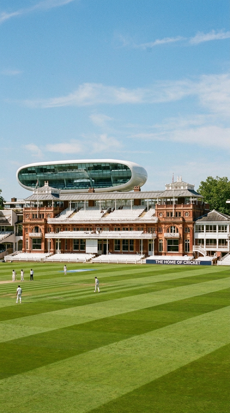 Lord's Cricket Ground — the iconic red-brick Pavilion with the Media Centre behind, players on the field beneath the 'Home of Cricket' signage