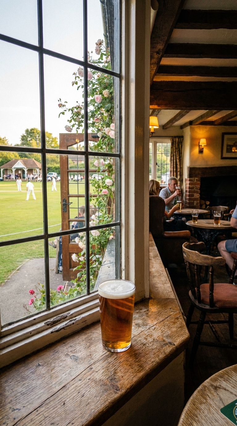 A pint of bitter on the sunlit windowsill of an English country pub, with players in whites visible on the cricket ground outside