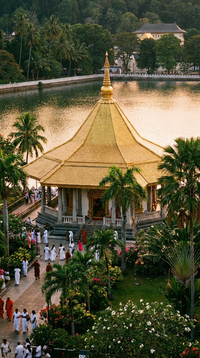 The Temple of the Sacred Tooth Relic in Kandy at dusk, with the lake reflecting the temple lights