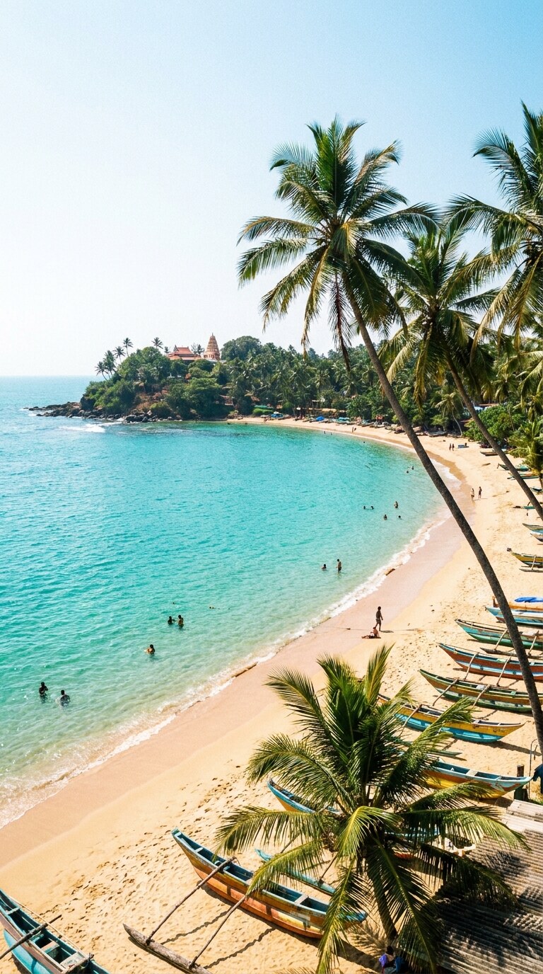 A south coast beach in Sri Lanka — palm-fringed bay, turquoise water, traditional outrigger boats on the sand