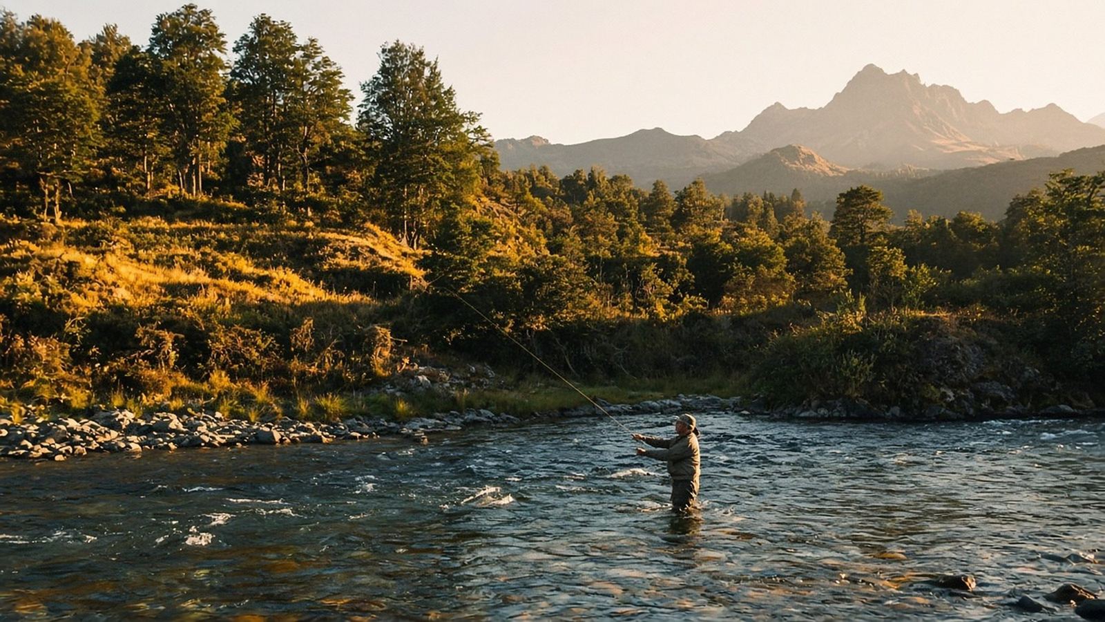 A fly fisher wading a Patagonian river
