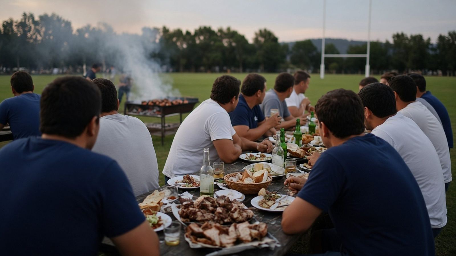 Players at an asado after the match