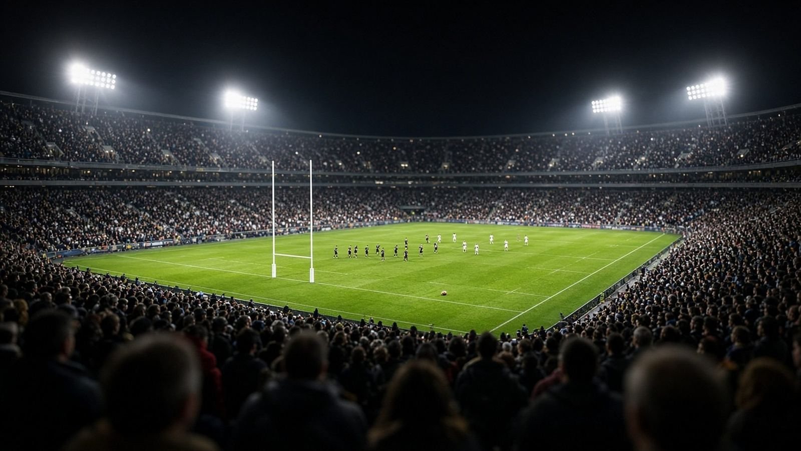 A rugby Test under floodlights